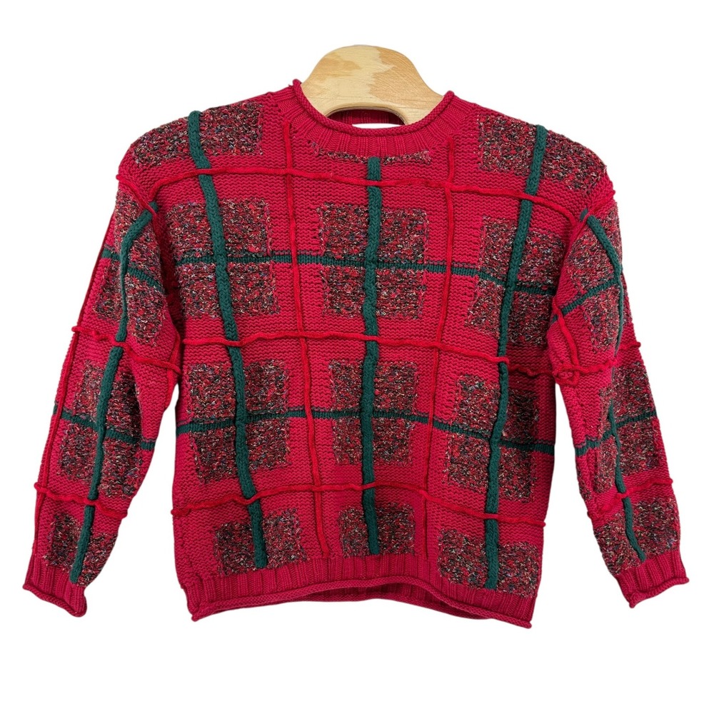 Vintage‎ All Week Long Red Plaid Textured Knit Sweater Women's Medium Christmas